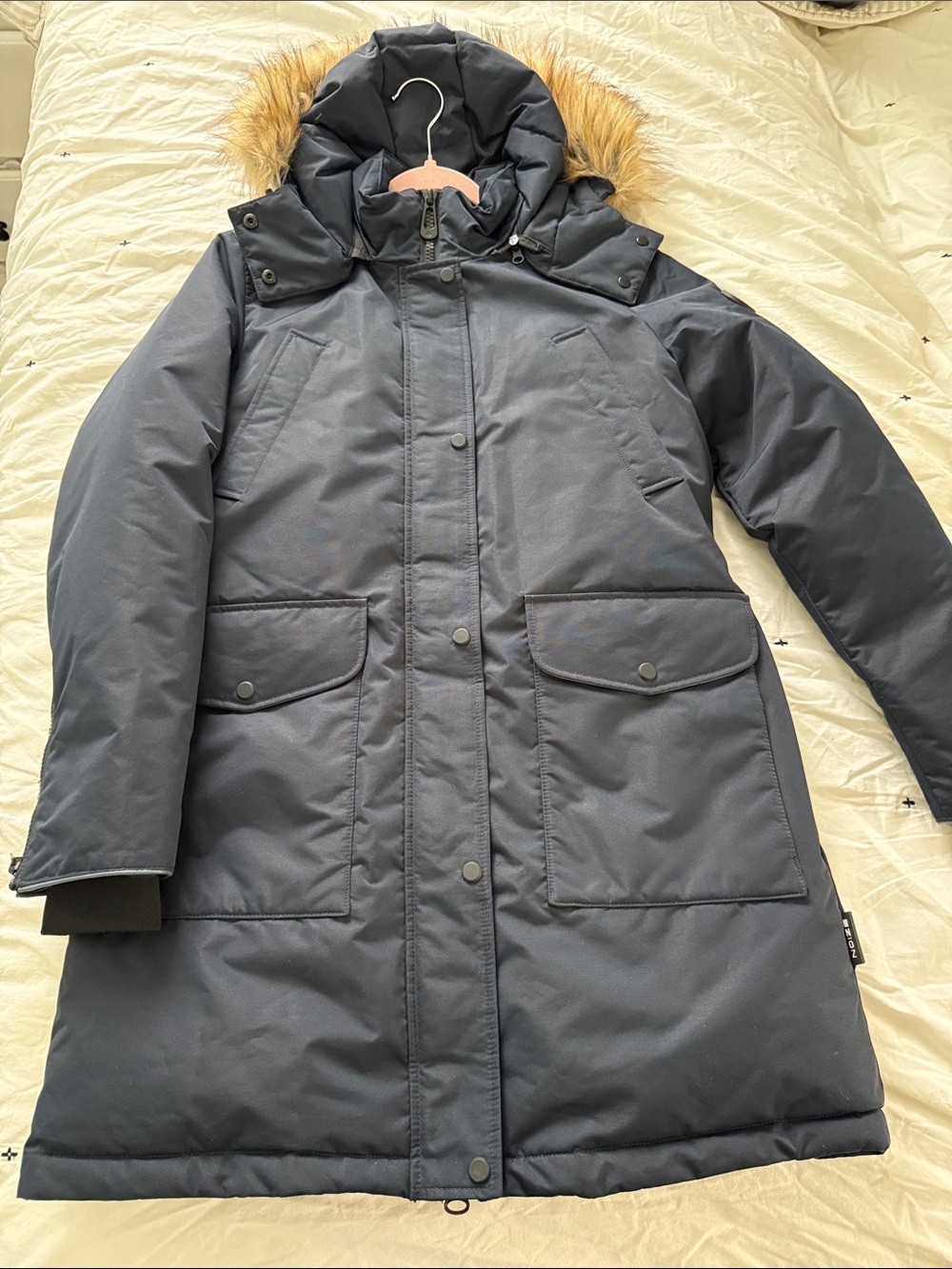 Women's Navy Hooded Parka Coat with Faux Fur Trim